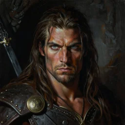 a highly detailed painting of a male barbarian warrior with piercing eyes, dimly lit dark tomb by boris vallejo