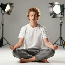 photo still of pete davidson meditating, 8 k, studio lighting bright ambient lighting key light, 8 5 mm f 1. 8