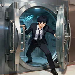 anime guy in formal attire hacking into a vault, wlop, concept art, digital painting, trending on artstation, highly detailed, epic composition, 8 k uhd