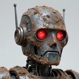 super rusty robot head, glowing red eyes, covered in mud and dirt, studio photograph, ultra realistic,