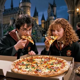 harry potter and hermoine granger eating a massive pizza inside hogwarts castle
