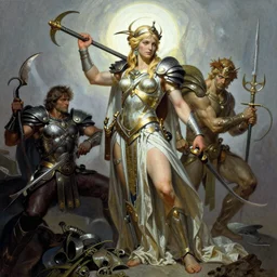 Olympus by Frank Frazetta, Ivan Aivakovsky, Boris Vallejo, epic fantasy character art, full length, blonde, goddess of war, Exquisite detail, post-processing, masterpiece, cinematic