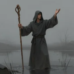 hooded robed man holding wooden staff standing in grey bog, arms raised above him, trending on artstation, digital art ( by tomasz jedruszek ) ( by senfeng chen ) ( by lorenzo lanfranconi )