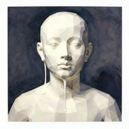 watercolor low poly, a liquid white clay porcelain portrait of a face melt down flow go runny, body painted with white thick fluid by marlene dumas, low poly, realistic detailed watercolor polaroid, grainy image, contrast