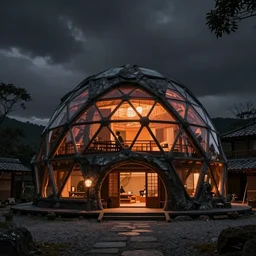 epic exterior photo of a futuristic organic japanese geodesic house, dramatic lighting, black and orange colour palette, long shot, archviz