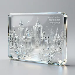 full size elegant rectangular crystal card embedded with elven city inside, photo, ultra detail, transparent, polished, shiny, reflective, elvish writing carved, ray - tracing