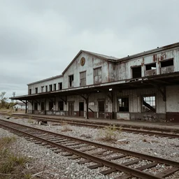 A outside view of a derelict, semi-ruined, abandoned railway station in New York, Trending on artstation.