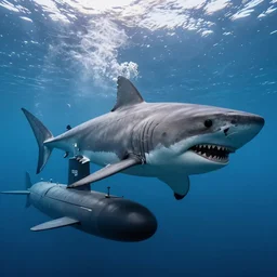 a submarine under water encountering a huge megalodon shark, cinematic, realistic, professional photography, focus, sharp lens, 4 k, intense