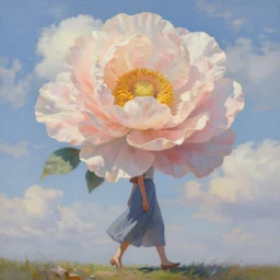huge flower head, woman walking, surreal, clouds in sky, impressionist painting, digital painting, artstation, rob gonsalves