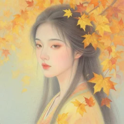 highly detailed pastel colors of an ethereal asian beauty morphing gradually into autumn leaves, by artgerm and hsiao - ron cheng, smooth composition, fine patterns and detail