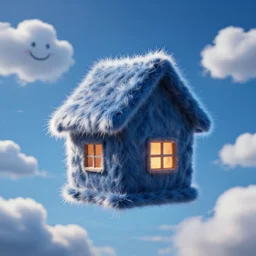 house made of hair floating in the air, smily clouds in the background, sharp focus, art station, popart, hyperrealistic, illumation, radial light, dramatic cinematography, game visual, high detailed, 4 k, highly detailed, blue color pallete, painted by gregory jacopsen