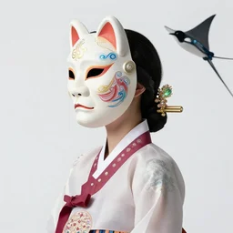 3 d goddess medium shot profile portrait. beautiful intricate highly detailed korean gumiho mask and traditional korean hanbok. stingray, magpie, bio luminescent, plasma, lava, ice, water, wind, creature, fog, artwork by tooth wu and wlop and beeple and greg rutkowski, 8 k trending on artstation,