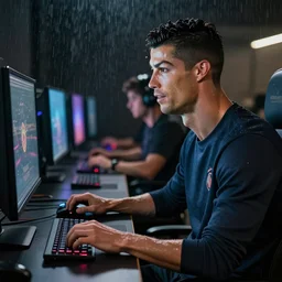 a portrait of ronaldo playing video games on his pc at rainy night photography