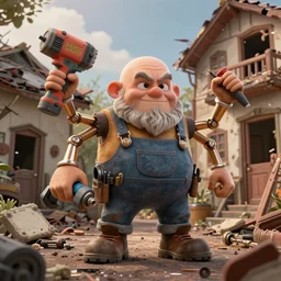 grumpy chunky bald handyman with power tools limbs, in a wrecked home, full body, hyperrealistic digital art masterpiece, highly detailed neo pop surrealism, jason limon kay sage hannah yata, dramatic lighting, low angle, uhd 8 k, sharp focus