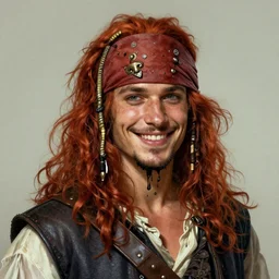 portrait of a young ruggedly handsome but joyful pirate, male, masculine, upper body, red hair, long hair, d & d, fantasy, giddy smirk, intricate, elegant, highly detailed, digital painting, artstation, concept art, matte, sharp focus, illustration, crimson hair, art by artgerm and greg rutkowski and alphonse mucha