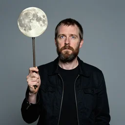 Radiohead singer, holding the moon upon a stick, with a beard and a black jacket, a portrait by John E. Berninger, dribble, neo-expressionism, uhd image, studio portrait, 1990s