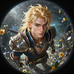 An epic fantastic realism comic book style portrait painting of Lucius the most beautiful pale blond man in the universe, flowers rain everywhere, fisheye lens, Apex Legends Concept Art, porcelain, unreal 5, DAZ, hyperrealistic, octane render, cosplay, RPG portrait, dynamic lighting