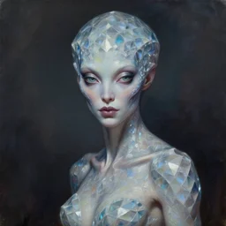 a beautiful alien woman with diamond skin, painted by artgerm and tom bagshaw, fantasy art, dramatic lighting, highly detailed oil painting