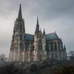 a gothic cathedral on a hill, fog, nebbia, dramatic atmosphere, highly detailed, cinematic lighting, perfect composition, artem demura