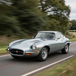 award winning photo of an ultra detailed high quality!! jaguar e - type!! car speeding very fast along an english country road, fast shutter speed, motion blur, tiny gaussian blur, highly detailed, highly intricate, depth of field, trending on top gear, car magazine, full car body, wide angle lens