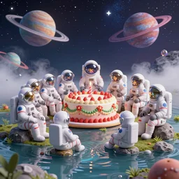 twelve astronauts sitting by the river with a big holiday cake + octane render + ue 5 + planets and stars + mystical fog + psychedelic colors + super detail, high quality