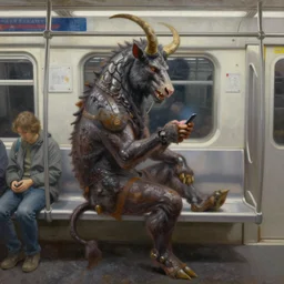 a beautiful oil painting painting of the minotaur riding on the subway, staring at his cell phone