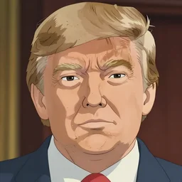 an close up portrait of donald trump, anime style by studio ghibli and toei, highly detailed, symmetric, trending on artstationhq