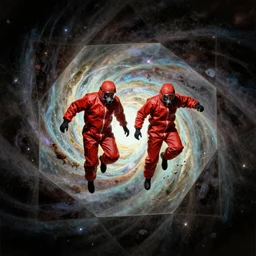 two scientists wearing red hazmat suits leaping into geometric nebula portal by frank frazetta