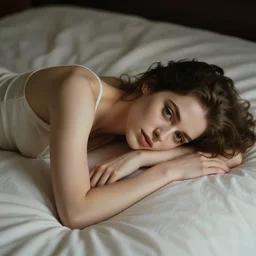 girl lying on her belly in bed, in the style of stanley artgerm