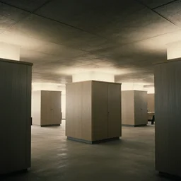 noisy photograph of liminal underground tiny homes, office ceiling panels, retrofuturism, brutalism, minimalist, cinematic, soft vintage glow