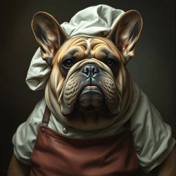 portrait of a fat french bulldog chef by hr giger, greg rutkowski, luis royo and wayne barlowe, 8 k