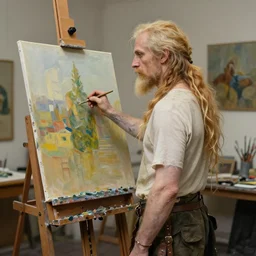 geralt as a french artist, standing in front of easel and canvas in his art studio, in the style of martine johanna