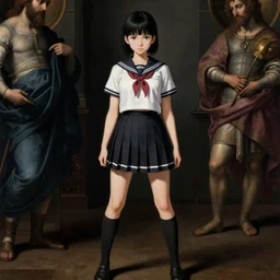 school girl, school uniform, seifuku, pleated miniskirt, overknee socks, battle angel alita. by rembrandt 1 6 6 7, illustration, by konstantin razumov, by el greco, chiaroscuro