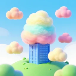 colorful clouds made out of cotton candy floating around a skyscraper on a green hill, digital cartoon art 3d trending on artstation