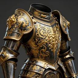 black and gold baroque detailed filigree armor warhammer turnaround concept art, close up details