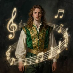 stunning, breathtaking, awe-inspiring award-winning concept art nouveau painting of a well dressed bard wearing a green vest with intricate gold patterns surrounded by musical notes made of light energy, by John Avon, extremely moody lighting, glowing light and shadow, atmospheric, cinematic, 8K