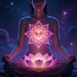 A Woman meditating about the 12 petals of the heart chakra lotus in a cosmic universe beauty lady close up bokeh hiperrealistic neon glow darkness dramatic neon