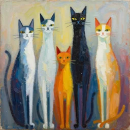 contemporary semi abstract acrylic painting of really tall cats by cath kidson, by greg rutkowski, kessler art, thick brush strokes and visible paint layers, multicolor color scheme