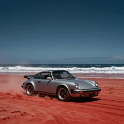 porsche 9 1 1, beautiful australian beach, red sand, waves. dust. stars