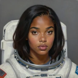 a portrait of a very BIPOC beautiful woman in a spacesuit, brown eyes, shoulder-length black hair, Alexandria's genesis, bored, illustration, soft lighting, soft details, painting oil on canvas by mark arian by artgerm, trending on artstation, 4k, 8k, HD