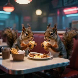 cyber - punk squirrels eating breakfast at a dingy, cyber - punk diner.