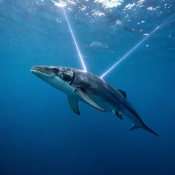 magalodon with lasers on its head, swimming through the open ocean