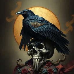 painting of a crow sitting on a satanic skull, decorated, intricate, elegant, highly detailed, digital painting, artstation, concept art, smooth, sharp focus, illustration, art by artgerm and greg rutkowski and alphonse mucha, 8 k