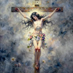 full body portrait, long shot, Crucifixion pose, of a beautiful goddess, sworming in flowers, magical, pale skin, blue eyes, long black hair, floating in a misty daze,  by pete mohrbacher and greg rutkowski, watercolor painting, deviantart, pinterest