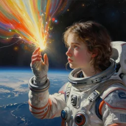 painting, young girl, beautiful face, gorgeous, light beams, above earth, cinematic lighting, outer space, touching sun beam, erupting colors, eva suit, sad, wallpaper, extremely detailed, sharp focus, by greg rutkowski and [ [ [ wlop ] ] ], intricate, beautiful, award winning, trending on artstation, pixiv