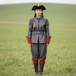 Young female Mongolian commodore, wearing a waistcoat, breeches, stockings and a tricorn hat