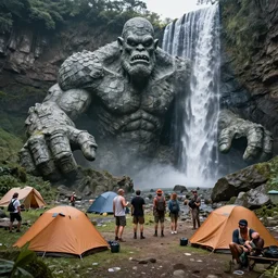a wide shot of a party of adventurers making camp near a waterfall running over the body of a massive troll that has been turned to stone.