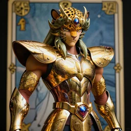 leopard saint seiya armor, full view, dramatic lighting, cinematic, hyper realistic, hd, octane render, photorealistic, exquisite details, intricate details, tarot card, very detailed, detailed face,