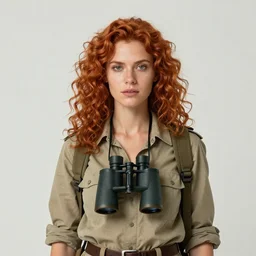 Concept art portrait of an adventurer woman with curly ginger hair, wearing safari clothes, binoculars around neck