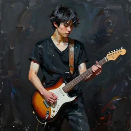 abstract large swirly brush strokes painting of a young korean man wearing black v neck t shirt holding a telecaster!!! electric guitar!!, candid!! dark background, huge thick flowing dramatic brush strokes, matte colors, abstract, emotional masterpiece, impressionist, motion, trending on artstation